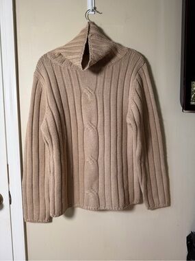 PingPong Tan Ribbed Cable Knit Turtleneck Sweater Large MERINO WOOL